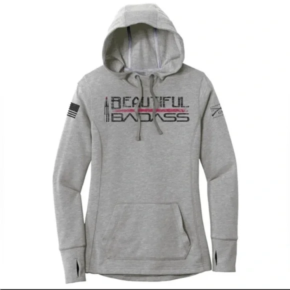 GRUNT STYLE BEAUTIFUL BADASS Gray Hoodie with Graphic Print - Picture 1 of 7